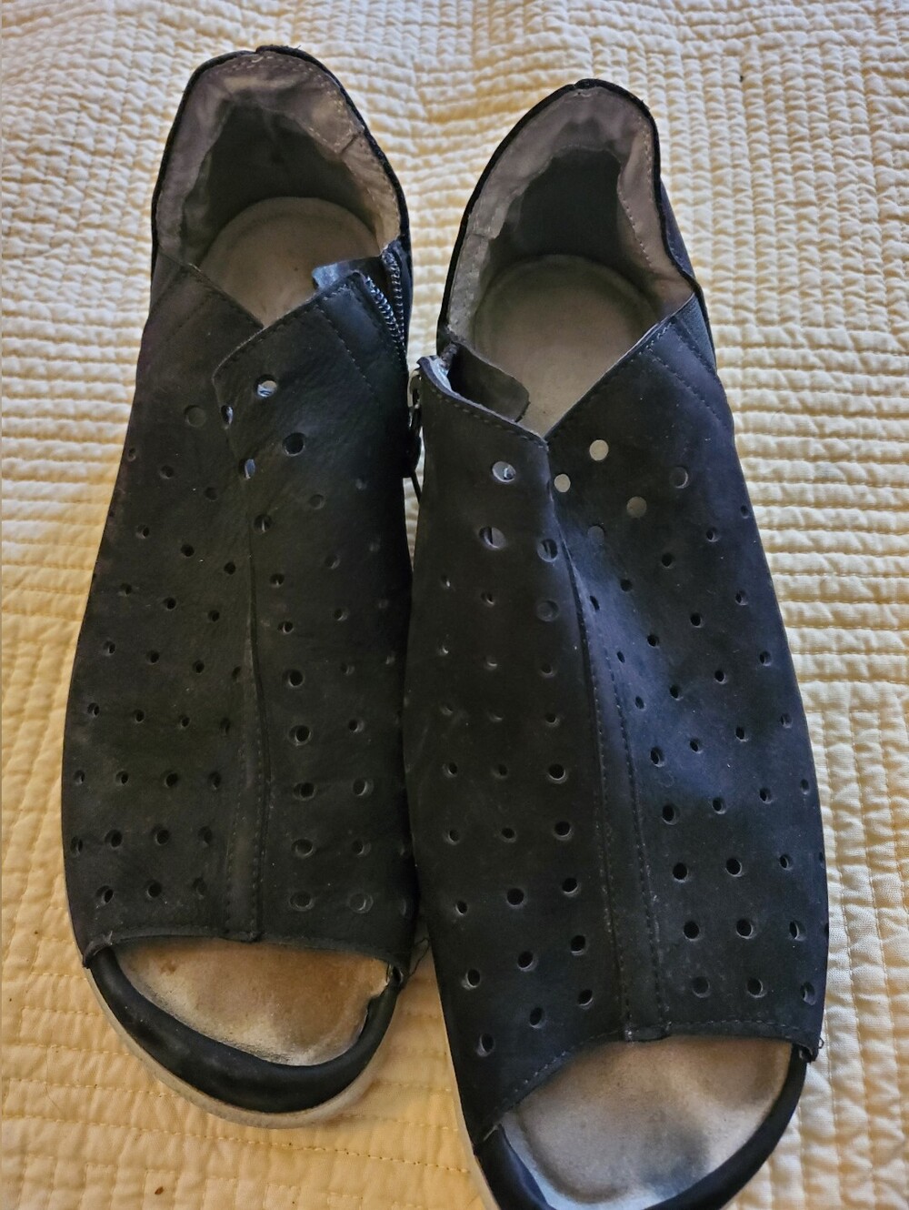 Naot Black Suede Perforated Peep Toe Comfort Booties